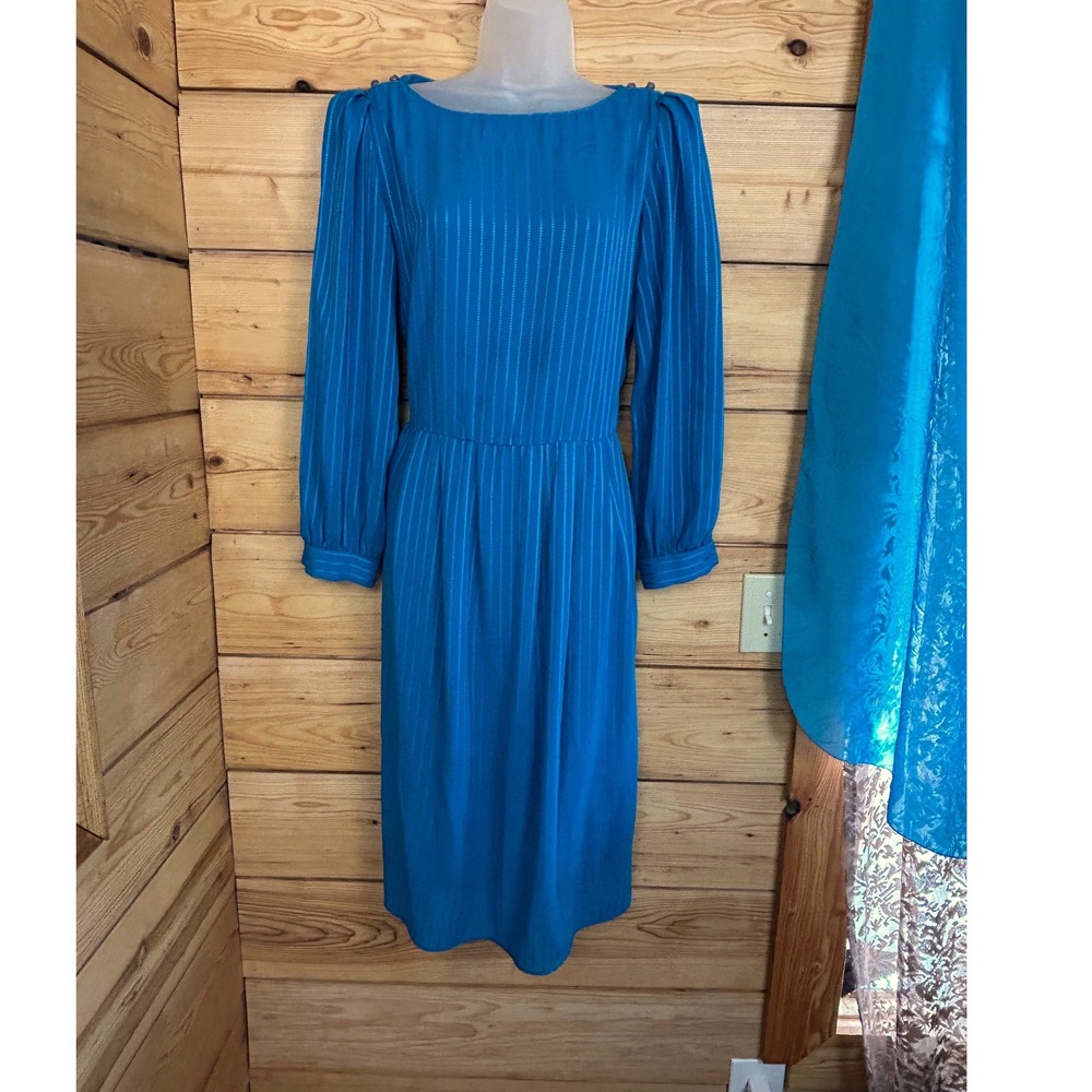 Vintage Wendy Lane Montreal Turquoise Blue Striped Midi Dress Boat Neck L/Sā